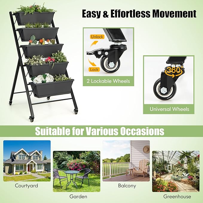 Vertical Garden Bed with Wheels, 5 Tier Raised Garden Bed w/Removable Planter Boxes, Lockable Wheels, Drainage Holes, Rolling Vertical Planter for Herb Vegetable Flower, Outdoor Patio Balcony