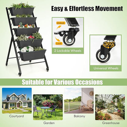 Vertical Garden Bed with Wheels, 5 Tier Raised Garden Bed w/Removable Planter Boxes, Lockable Wheels, Drainage Holes, Rolling Vertical Planter for Herb Vegetable Flower, Outdoor Patio Balcony