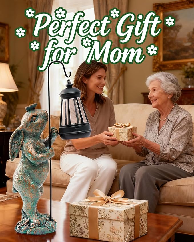 Garden Statues Outdoor Bunny with Solar Lantern – Rabbit Yard Decor, Waterproof Resin Figurine Pathway Light for Lawn & Patio