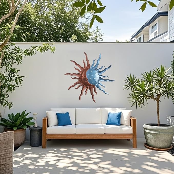VZVXCC Metal Sun Outdoor Wall Art Decor-30 Inch Larger Size Sun Outdoor Wall Art Decor with Moon & Stars,Retro Decoration Hanging for Indoor Outdoor Garden Fence Living Room Bedroom