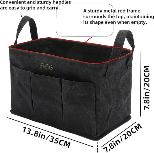 3-Pack Storage Tool Case Set, 13.8 x 7.8 x 7.8 Inches, Rectangular Waxed Canvas Fabric Collapsible Tool Bag with Handles for Tools,Wrench Set,Screwdrivers (Black)