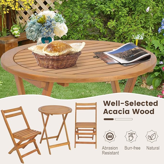 HAPPYGRILL Folding Patio Bistro Set Wood Chair Table Set with Slatted Acacia Wood Seat & Tabletop, Cozy High Back Chairs with Table, Outdoor Dining Set for Backyard, Poolside
