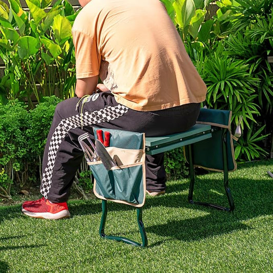 Goplus Garden Kneeler and Seat, Foldable Garden Bench for Kneeling & Sitting, Widened 8" EVA Soft Foam Pad, Heavy-Duty Garden Stool w/ 2 Large Tool Pouches, Gardening Gift for Women Men Seniors