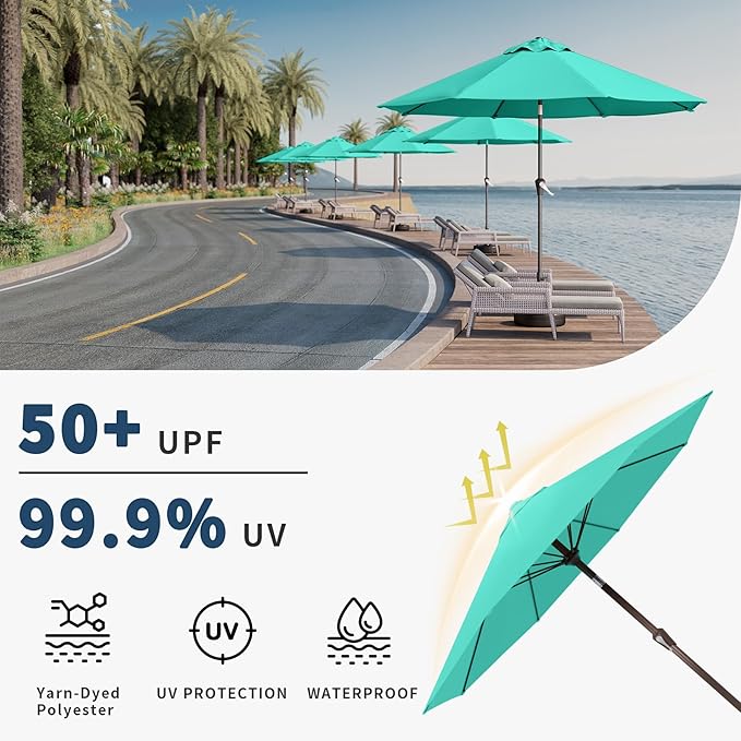 10FT Patio Umbrella Outdoor Market Umbrella with Crank and Tilt, 8 Flexible Fiberglass Ribs, UV-Resistant Waterproof Canopy for Patio, Deck, Garden, Backyard, Turquoise Blue