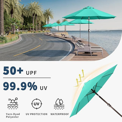 10FT Patio Umbrella Outdoor Market Umbrella with Crank and Tilt, 8 Flexible Fiberglass Ribs, UV-Resistant Waterproof Canopy for Patio, Deck, Garden, Backyard, Turquoise Blue
