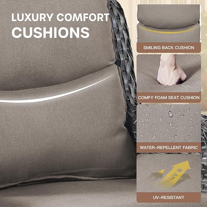Patio Swivel Chairs with Smile-Shaped Cushions, 3 Piece High Back Patio Swivel Glider Chairs with Side Table 3PCS PE Rattan Luxury Swivel Patio Chair Set | Grey Wicker - Grey Cushions