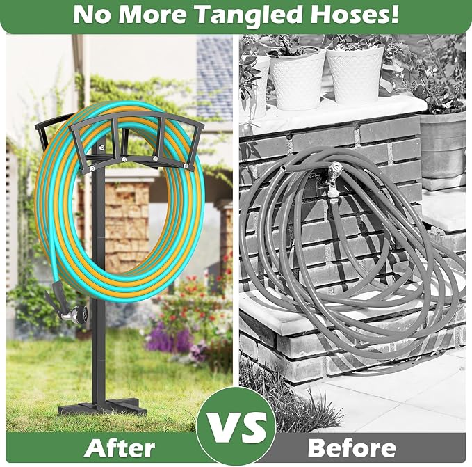 OLV Garden Hose Holder 4 Spikes, Heavy Duty Freestanding Water Hose Holder Stand Holds 150-ft Hoses, Detachable Outdoor Metal Storage Hanger Organizer Rack for Outside Yard Lawn Farm