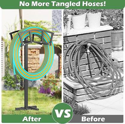 OLV Garden Hose Holder 4 Spikes, Heavy Duty Freestanding Water Hose Holder Stand Holds 150-ft Hoses, Detachable Outdoor Metal Storage Hanger Organizer Rack for Outside Yard Lawn Farm