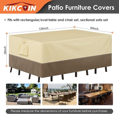 Extra Heavy Duty Patio Furniture Covers - 3 Layer Waterproof Outdoor Furniture Covers for 6-10 Seat Patio Furniture Set - All Seasons Protection - 126"L x 84"W x 28"H