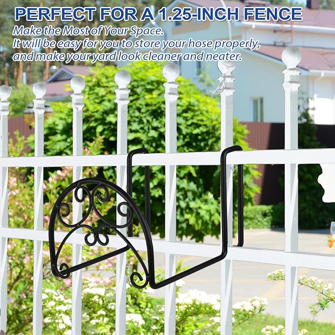 Wonderjune 2 Pcs Hose Holder Wall Mount Garden Heavy Duty Hanger Fits 3/4 Inch to 1-1/4 Inch Railing for Expandable Hose Reel Water Pocket Flexible Hook(Black)