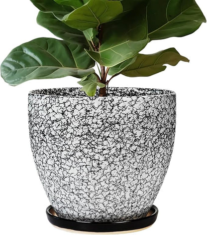 10 Inch Plant Pot - Ceramic Planter for Indoor Outdoor, Round Large Plant Pots, Modern Planter with Drainage Hole and Tray, Home Room Office Garden Decor, Gifts for Women Men, White-Black