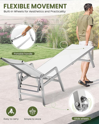Patio Chaise Lounge Chair Outdoor Set of 2 with Wheels&Armrests, Aluminum Pool Lounge Chairs Five-Position Adjustable Recliner, Outdoor Beach Lounge Chairs for Poolside, Patio, Deck, Yard, White