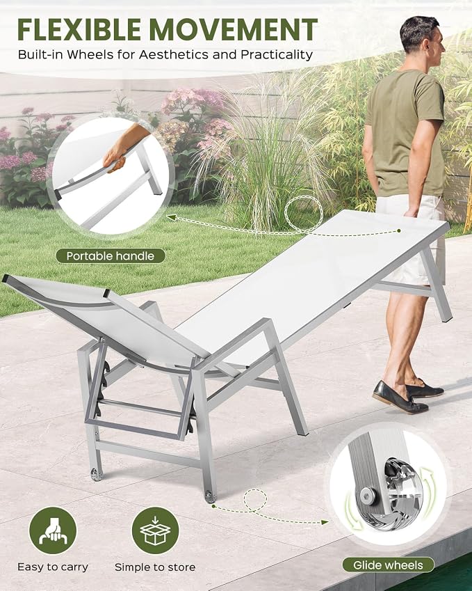 Patio Chaise Lounge Chair Outdoor with Wheels&Armrests, Aluminum Pool Lounge Chairs Five-Position Adjustable Recliner with Side Table, Outdoor Beach Lounge Chairs for Poolside, Deck, Garden, White