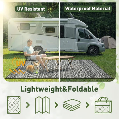 MontVoo Outdoor Rug 8x10 Waterproof Outdoor Patio Rug Mat Reverisble Plastic Straw Outdoor Rug for RV Camping Picnic Beach Balcony Boho Grey