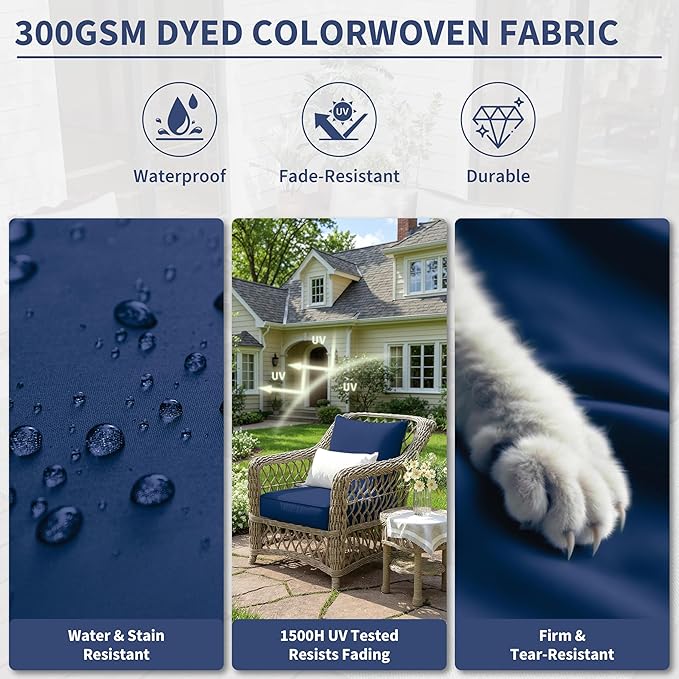 Premium Outdoor Seat Cushion Chair Cushions for Patio Furniture 24 L X 24 W X 5 H Waterproof & Fade Resistant Deep Seat and Backrest Cushion Set with Removable Covers for Chair, Sofa