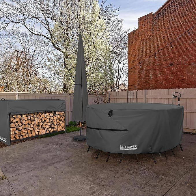 ULTCOVER Round Patio Furniture Cover - Outdoor Waterproof Table with Chair Set Cover 48 inch, Black