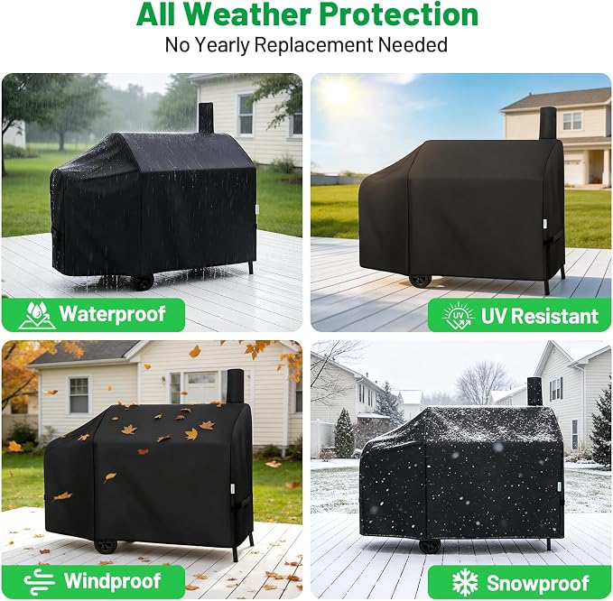 Offset Smoker Cover 60 Inch, Heavy Duty Waterproof Charcoal Smoker Grill Cover for Outdoor Grill, UV & Fade Resistant, Fits Char-Broil, Brinkmann, Royal Gourmet, New Braunfels, Black