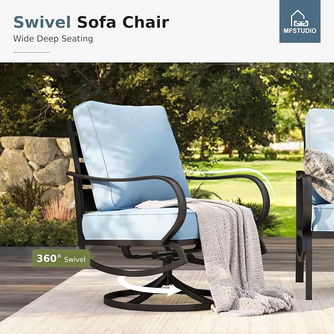 MFSTUDIO 4 Pieces Patio Conversation Sets(5 Seat), Outdoor Metal Furniture Sofa Set with 1 Loveseat(3 Seat), 2 Swivel Chairs, 1 Coffee Table, Steel Frame Patio Sets with Blue Cushion for Garden