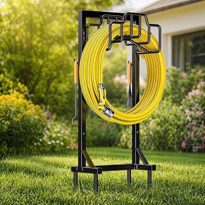Skycarper Garden Hose Reel Holder Detachable Metal Water Hose Hanger Organizer Heavy Duty Free Standing Hose Stand,Bronze