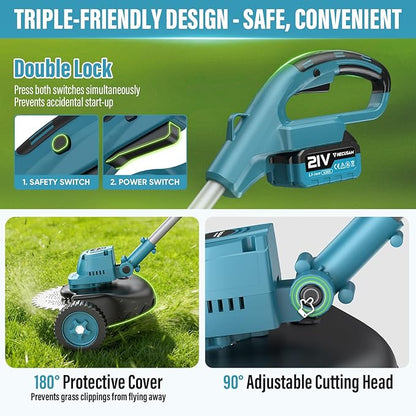 Electric String Trimmer Cordless with Wheel, 1000W Battery Powered Weed Wacker, 2x4.0Ah Batteries, Adjustable Length, 4‑in‑1 Lightweight Grass Trimmer/Brush Cutter/Weed Trimmer/Edger Tool