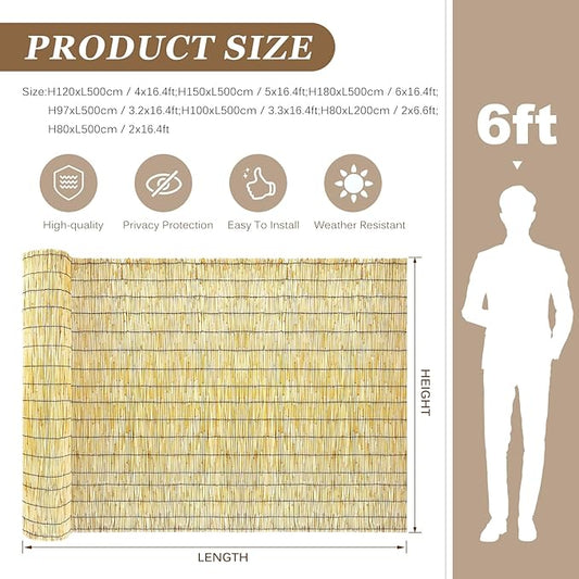 Natural Reed Fencing Rolls: Privacy Bamboo Fence 3/4/5/6ft High Roll Reed Screen, Decorative Bamboo Fencing for Outdoor Balcony Patio Garden Backyard,with Cable Zip Ties(Nature, 6x16.4ft)