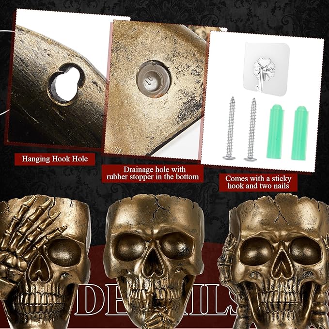 3 Pcs Skull Planter Skeleton Wall Hanging Planter Pot Gothic Spooky Head Face Flower Pot Garden Decor for Festival Party Indoor Outdoor Plants Home Garden Office Decorations(Gold)