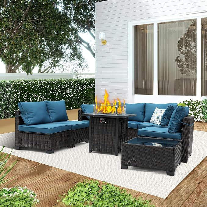 8 Pieces Patio Sets with 28" Gas Fire Pit Table Wicker Rattan Outdoor Furniture Set Conversation Set with Garden,Balcony,Pool, Deck (Brown & Peacock Blue, 8pcs Set)