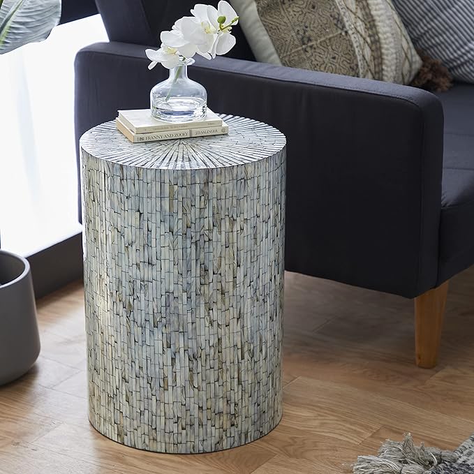Deco 79 Mother of Pearl Shell Handmade Side End Accent Table Mosaic End Table, Side Table 14" x 14" x 20", Light Blue
