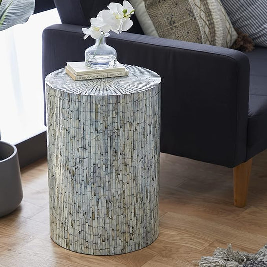Deco 79 Mother of Pearl Shell Handmade Side End Accent Table Mosaic End Table, Side Table 14" x 14" x 20", Light Blue
