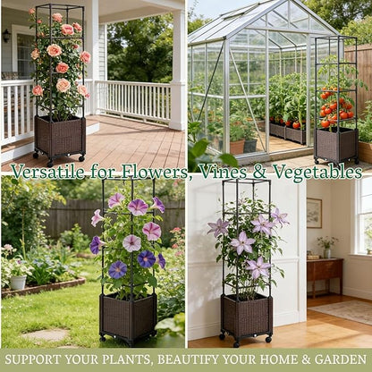 Raised Garden Bed Planter Box with Trellis | Self-Watering Tomato Planter with Wheels for Climbing Plants & Vegetable | Vertical Gardening Tomato Pot with Tomato Cage Indoor Outdoor Patio Greenhouse