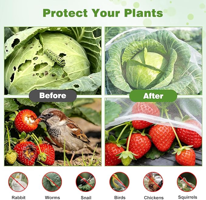 Garden Netting Pest Barrier, 10 X 50FT Insect Netting for Garden Raised Beds, Garden Mesh Netting Bug Netting Row Cover for Vegetables, Fruit Trees, Blueberry Bushes