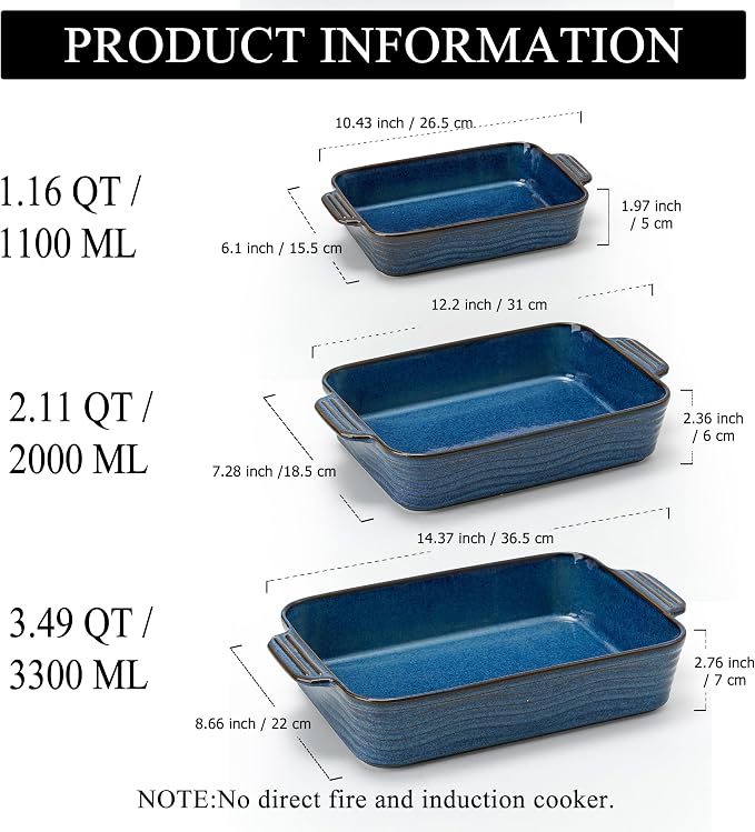 Kiln-Transformed Blue Ceramic Baking Dish Set of 3, Casserole Dishes for Oven, Square Porcelain Bakeware Set with Handles, Lasagna Baking Pan for Cooking, Perfect for Baking and Serving, Housewarming, Halloween, Thanksgiving, Christmas, New Year