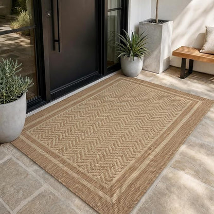 MontVoo-3x5 Outdoor Rug Porch Entryway Rug-Polypropylene Indoor Outdoor Rugs for Entryway Kitchen Balcony Patio, Textured Weave, Durable, Fade-Resistant, Non-Shedding, Boho Geometric Neutral Brown