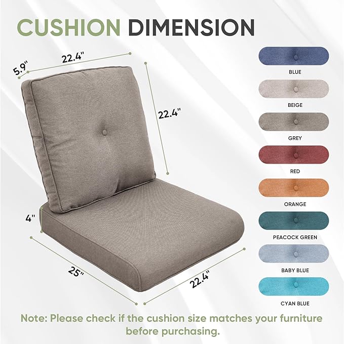Outdoor Chair Cushion Set, 25 x 22 Deep Seat Cushion, Patio Chair Cushions for Outdoor, Include 1 Seat Cushion and 1 Back Cushion, Gray