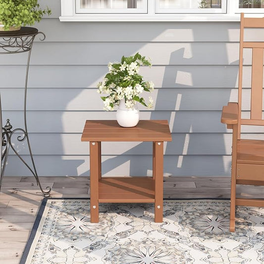 Adirondack Outdoor Side Table, 16.6" Small Patio End Table, 2-Tier HDPE Plastic Table for Poolside Porch Garden, Weather Resistant & Easy Assembly (Teak, Rectangle)