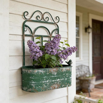 Rustic Metal Wall Planter Country Garden Wall Hanging Mount Vase Pocket Outdoor Vintage Hanging Pot Farmhouse Wall Decor for Plants Flowers (Green)
