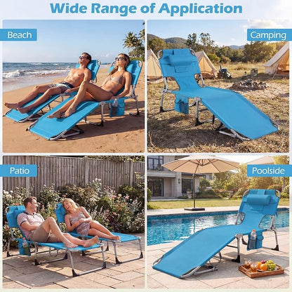 GYMAX Tanning Chair with Face Hole, Sun Bathing Lounge Chairs for Outside with Side Pocket, Folding Portable Face Down Layout Tanning Chair Beach, Backyard, Poolside, Lawn (Blue,2)