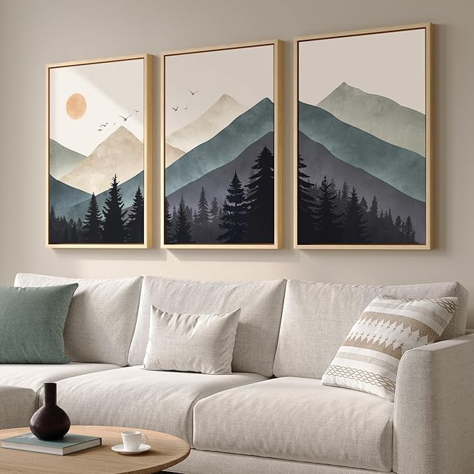Framed Boho Mountain Landscape Wall Art for Living Room, Large Bohemian Forest Canvas Paintings Artwork for Walls, 3 Piece Nature Wall Picture for Hallway Bedroom Office Wall Decor, 24x36 Inch