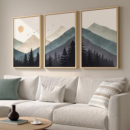 Framed Boho Mountain Landscape Wall Art for Living Room, Large Bohemian Forest Canvas Paintings Artwork for Walls, 3 Piece Nature Wall Picture for Hallway Bedroom Office Wall Decor, 24x36 Inch