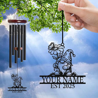 Personalized Customize Name Gnome Wind Chime, Metal Iron 37 Inch Outdoor Memorial Gift for Garden Yard Patio Home Decor, Black，Christmas (Style A)