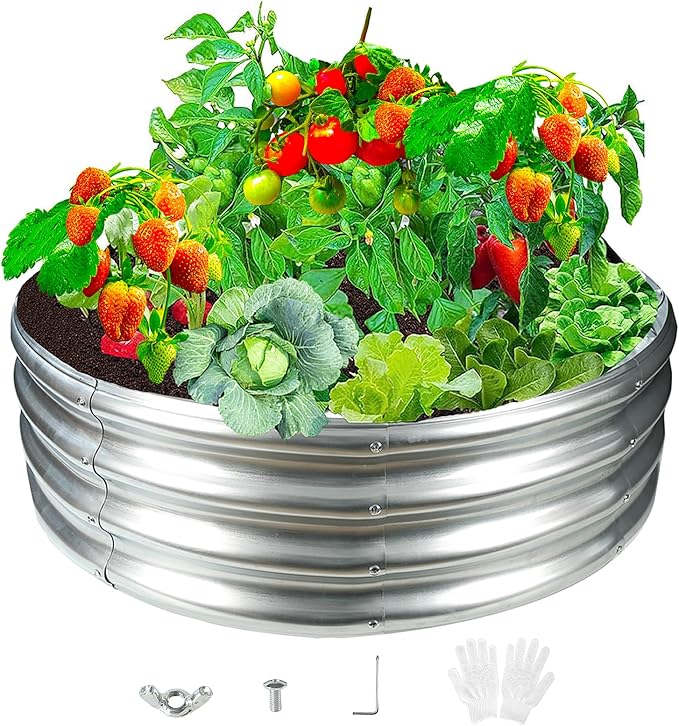 Durable Round Galvanized Steel Raised Garden Bed for Planting,Round Galvanized Steel Fire Ring/Fir Pit 36-Inch for Outdoor- 3×3×1FT,0.8MM Thick (36 ins Diameter x 12 ins high, Silver)
