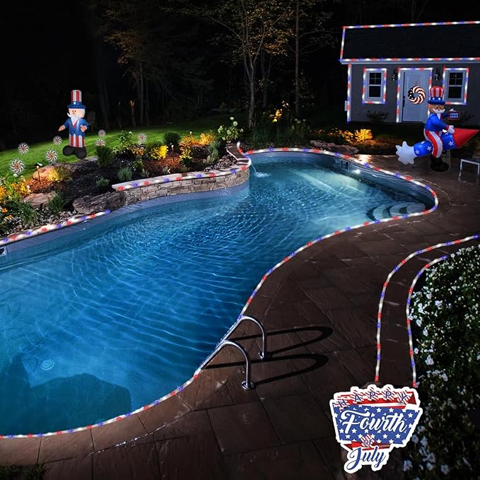YEGUO 4th of July Decorations Red White and Blue Lights, 2 Packs Each 33ft 100 LED Solar Rope Light with 8 Modes for Patriotic Independence Memorial Day Decor