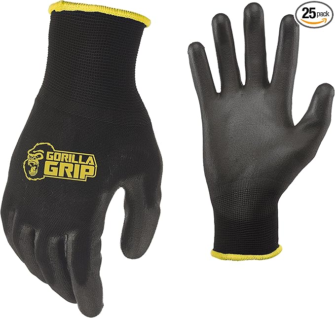 Gorilla Grip Work Gloves, Never Slip Maximum Grip All-Purpose, Gloves for Men, Superior in Wet, Dry, Oily Conditions, Polymer Palm, Medium Size, 25 Pairs, Black/Yellow | 25036-25