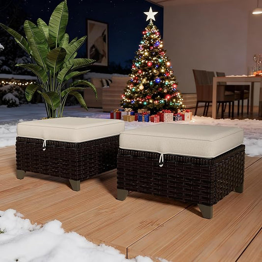 VistaVibe 2 Pieces Patio Wicker Ottomans, Luxurious Footstools, Outdoor Small Footrest, Wicker Furniture with Removable Cushions, All-Weather PE Rattan, Garden, Backyard, Porch(Brown/Beige)