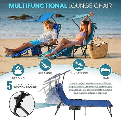 FUNDANGO 400lbs Heavy Duty Tanning Chair, Set of 2, Blue | Face Hole & Canopy & Side Table, 5 Positions, Facedown Chaise Lounge with Pillow, 400lbs