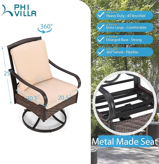 PHI VILLA Outdoor Swivel Chairs Set of 2, Heavy Duty Outdoor Metal Wicker Dining Chair with Padded Cushions, Large All Weather Wrought Iron Patio Chair for Balcony