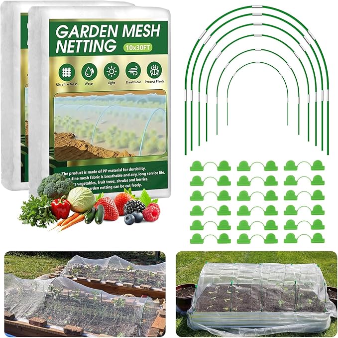 Garden Mesh Netting Kit, 2 Pack 10x30FT White Ultra Fine Netting & 8FT Fiberglass Garden Hoops, Garden Netting with Frame for Raised Beds, Garden Hoops and Netting for Row Cover, Plant Insect Barrier