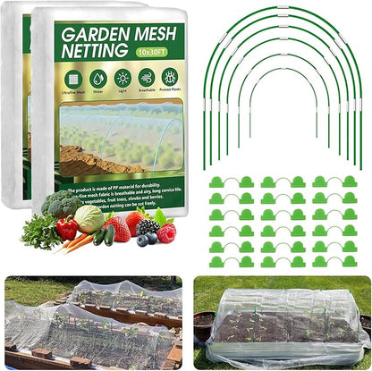 Garden Mesh Netting Kit, 2 Pack 10x30FT White Ultra Fine Netting & 8FT Fiberglass Garden Hoops, Garden Netting with Frame for Raised Beds, Garden Hoops and Netting for Row Cover, Plant Insect Barrier