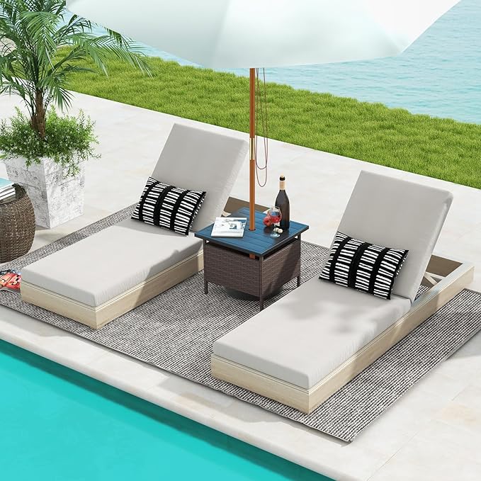 Giantex Umbrella Table, Outdoor Side Table with 2" Umbrella Hole, Rattan Umbrella Stand Holder, Heavy Duty Metal Frame, Patio Bistro Table for Deck Garden Poolside, Mix Brown (HDPE Tabletop)