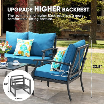 4 Pieces Patio Furniture Set w/loveseat,Coffe Table,Outdoor Conversation Metal Sofa with High Back and Thick Cushion,for Backyard,Garden,Peacock Blue